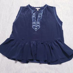 Rebecca Taylor Navy Blue Boho Sleeveless Embroidered Silk Ruffle Hem Blouse